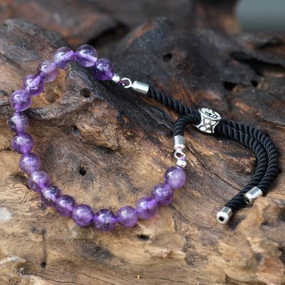 925 Verzilverde Edelsteen Armband met Zwart Gekleurd Koord - Amethist