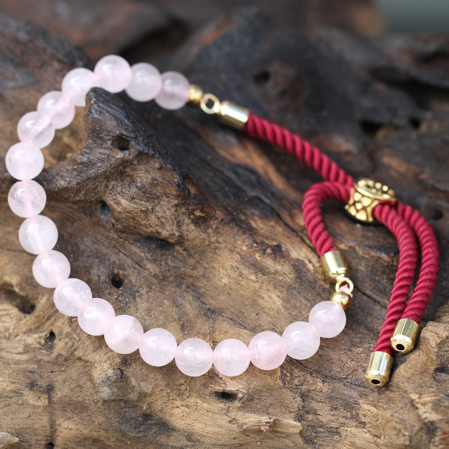 18K Goud Vergulde Edelsteen Armband met Bordeaux Rood Gekleurd Koord - Rozenkwarts