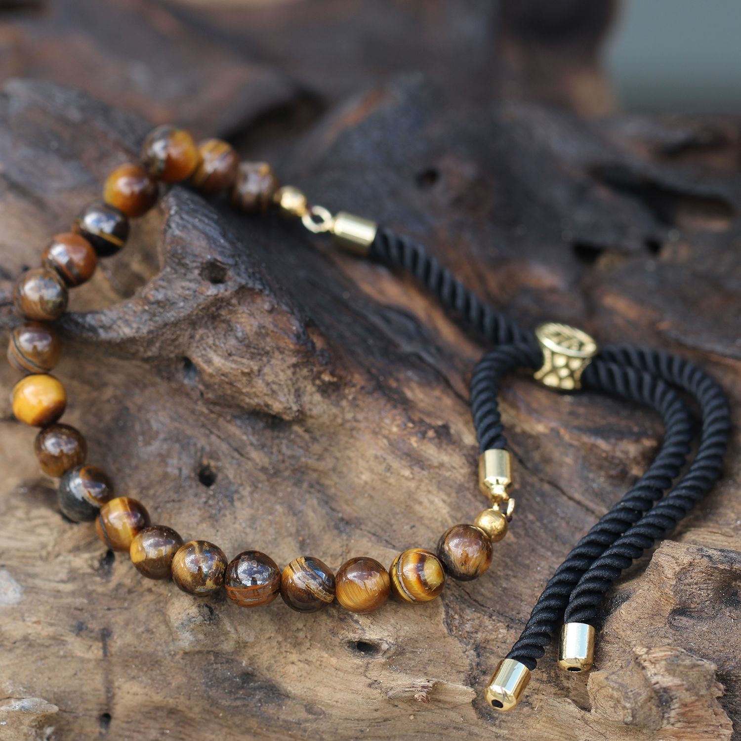 18K Goud Vergulde Edelsteen Armband met Zwart Gekleurd Koord - Tijgeroog