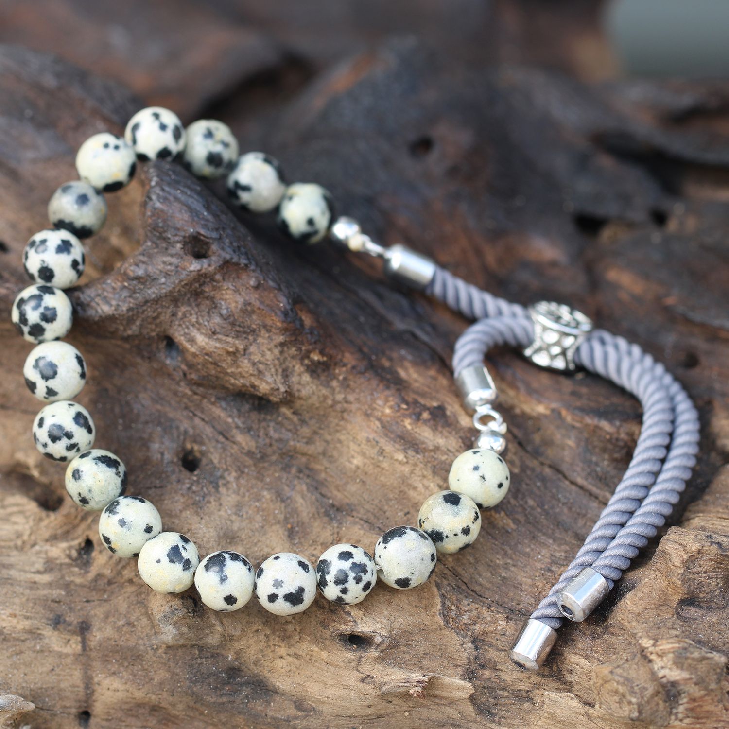 925 Verzilverde Edelsteen Armband met Grijs Gekleurd Koord - Dalmation Jaspis