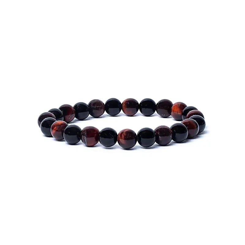 Elastische armband zwarte onyx/rode tijgeroog AA kwal