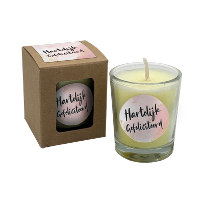 wenskaarsje met bedeltje hartelijk gefeliciteerd roze marble