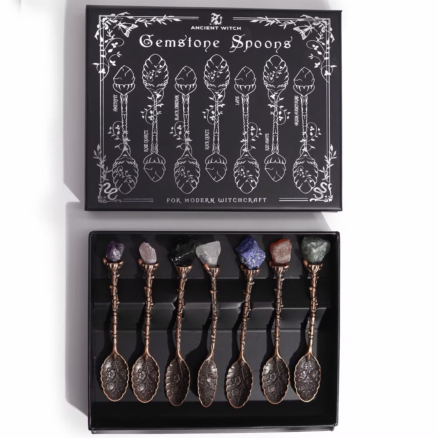 Set van 7 bronzen edelsteen kristallen heksenlepels