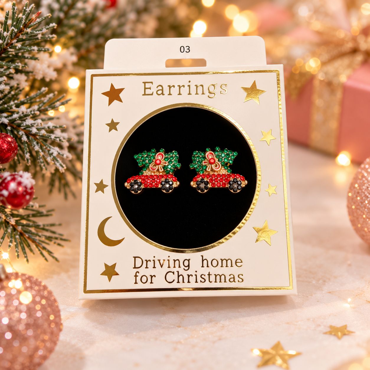 Kerst oorbellen motief 3 kerstauto goud