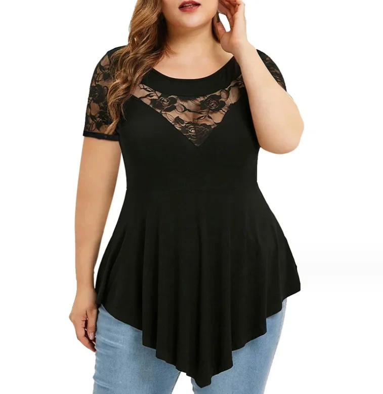 Women&#39;s Short Sleeve Black Lace Top Shirt