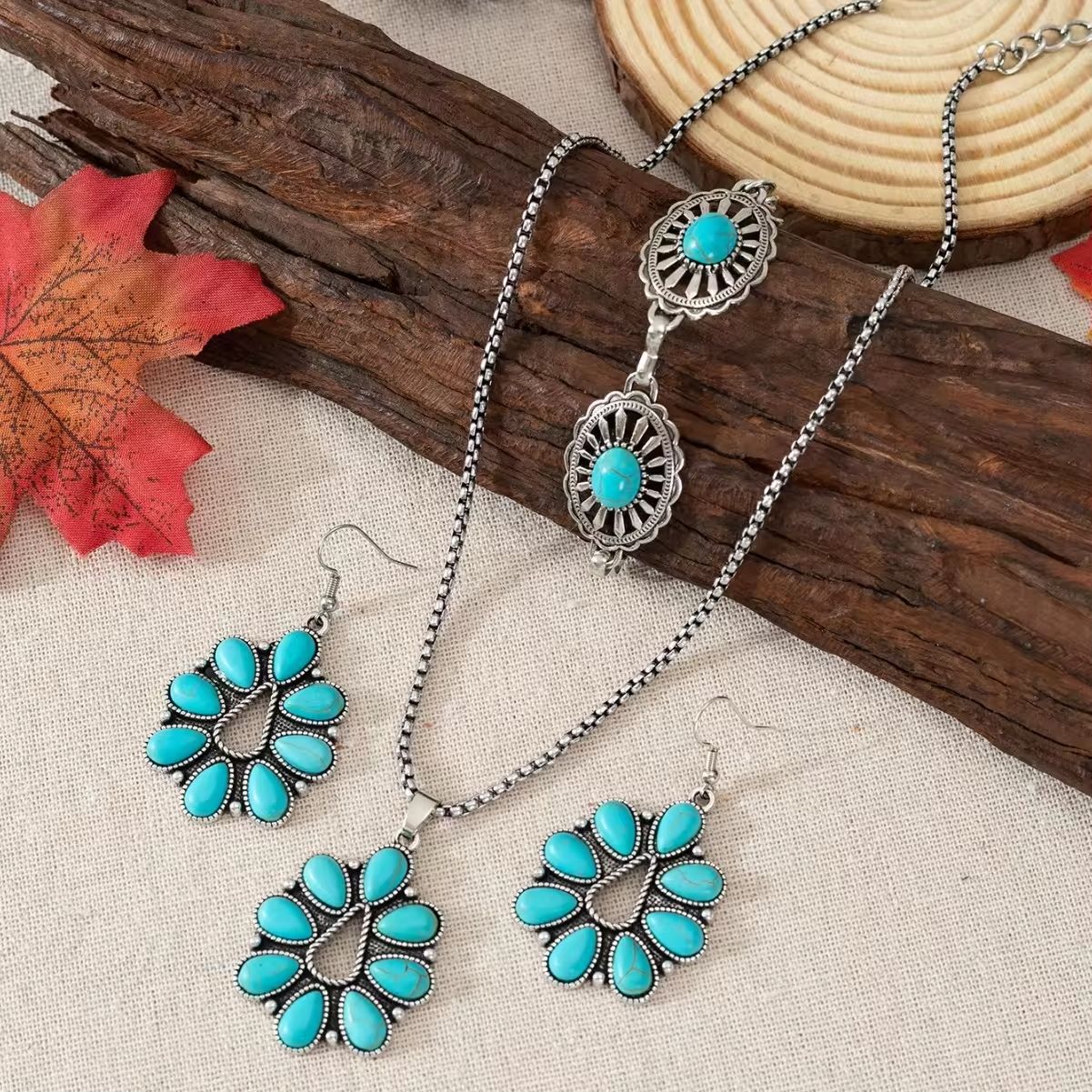 Boho Retro Turquoise Necklace Earrings Bracelet Set