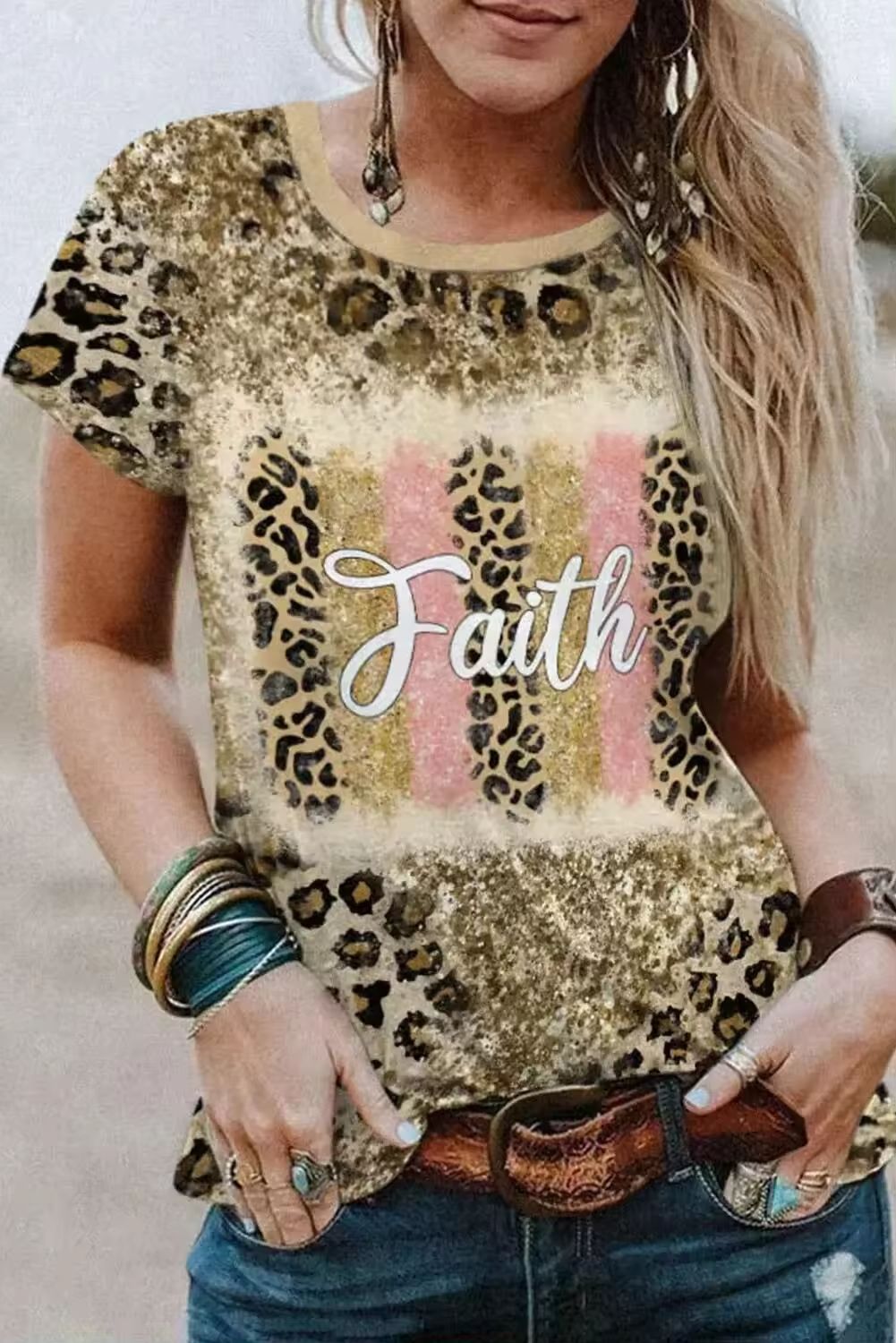 Western Vintage Style Women&#39;s Casual  Cheetah Print Tops Short Sleeve
