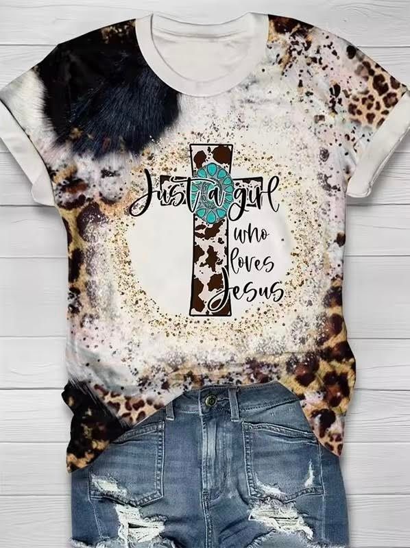 Women Short Sleeve Western Sunflower Leopard T Shirt