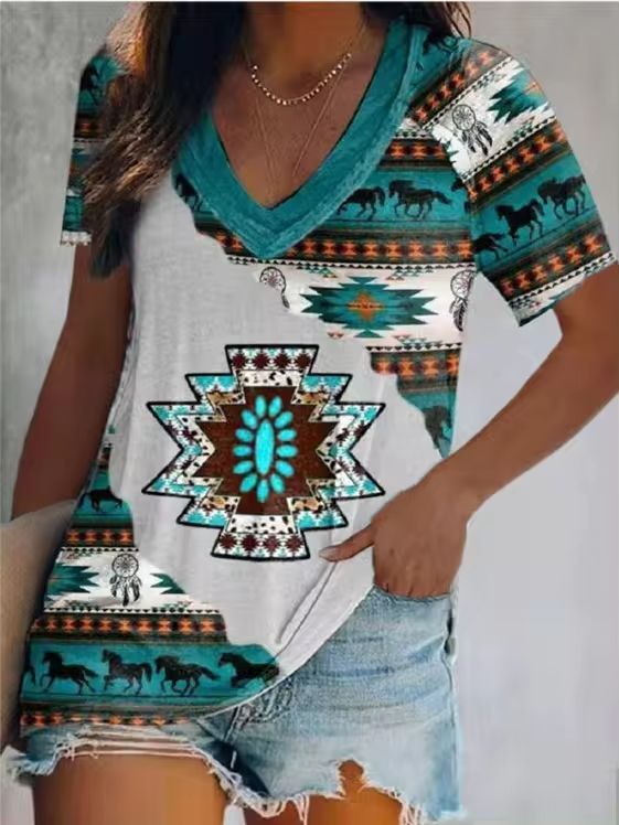 Summer Western Short Sleeve V Neck Women T-shirt