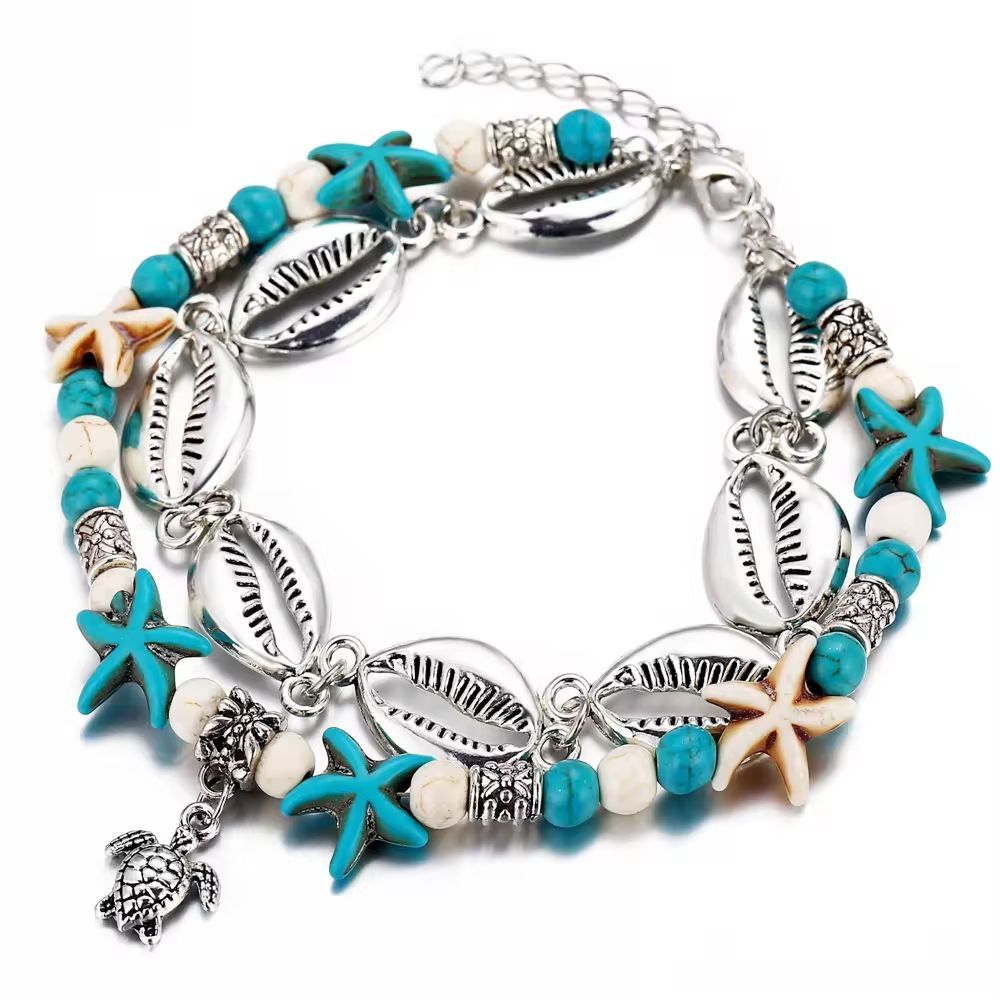 Bohemian Handmade Woven Turquoise Starfish Shell Turtle Anklet