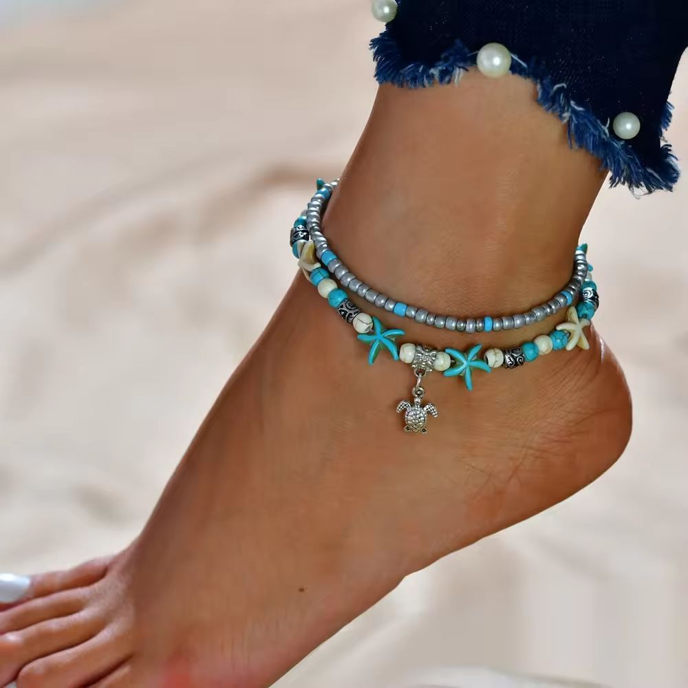 3 Different Anklets ; Turtle, Shell, And Conch Shell, With Multiple Layered Boho Beach Turquoise Charms