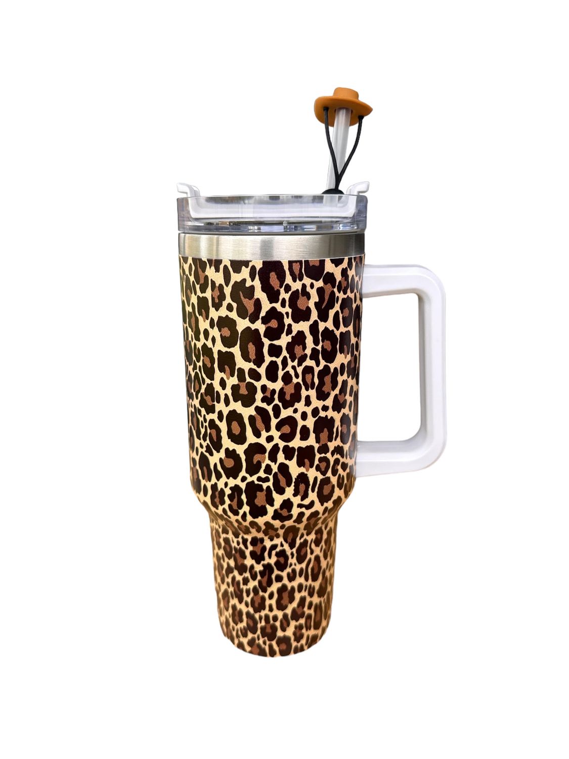 40 Oz Stainless Steel Tumbler Cheetah Print With Lid, Straw and Hat Straw Cover