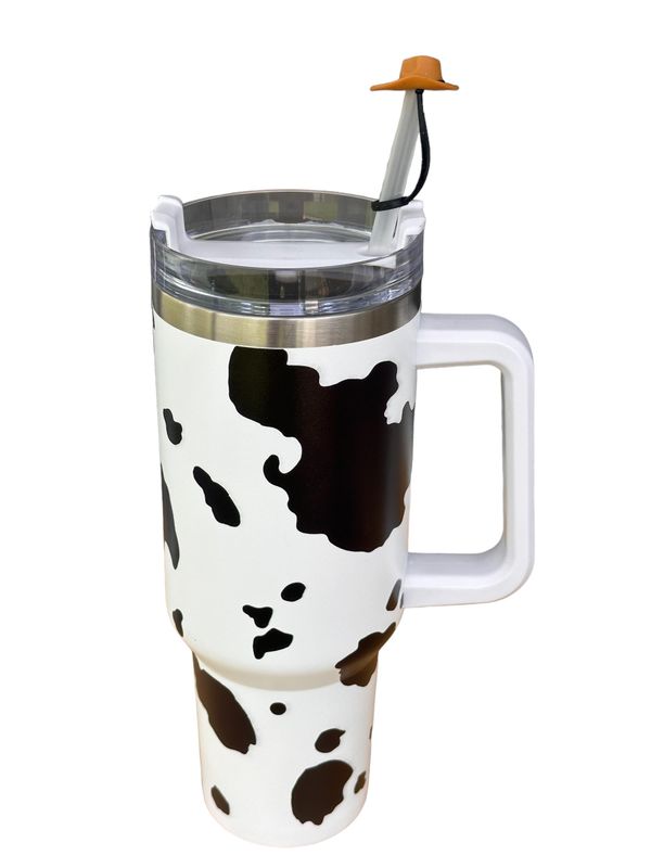 40 Oz Stainless Steel Tumbler Black And White Cow Print With Lid,Straw and Straw Hat Cover