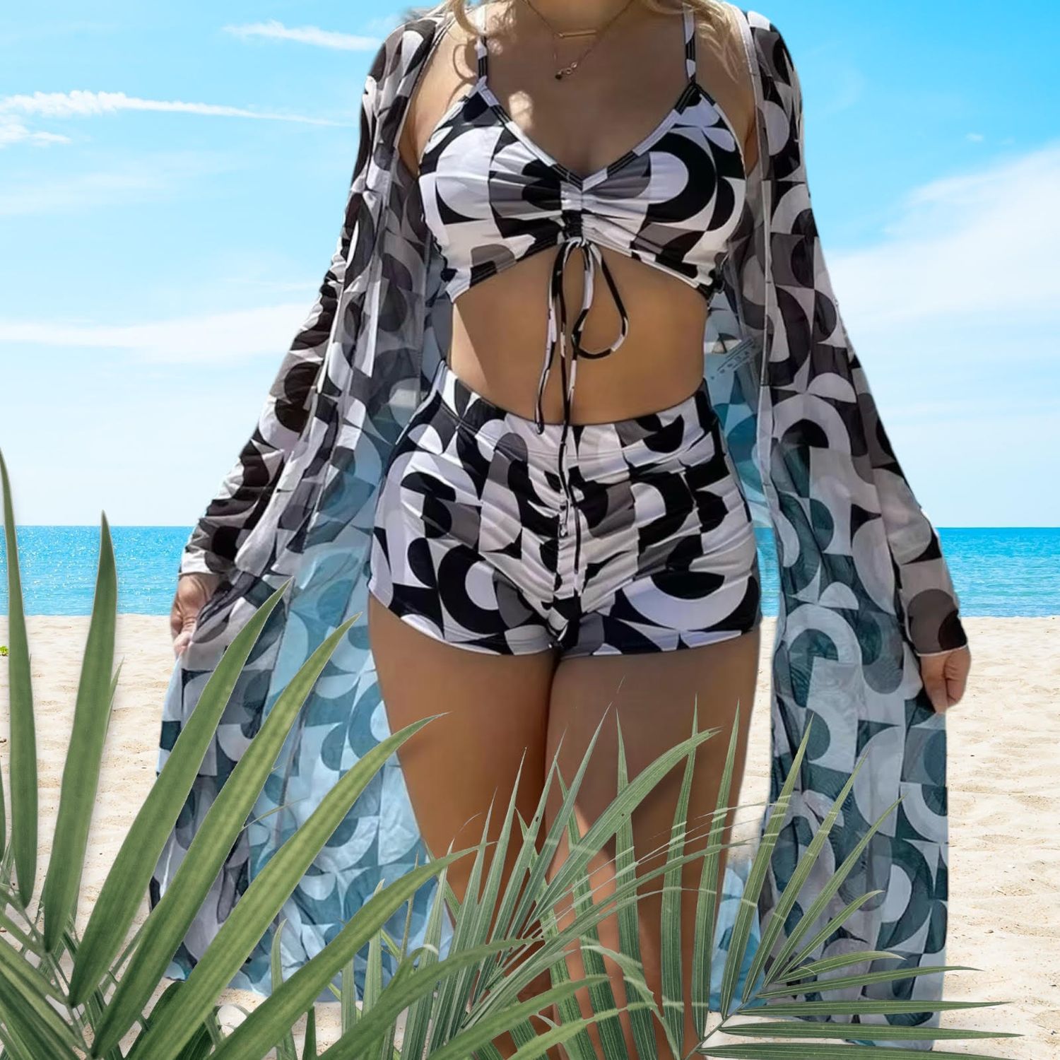 High Waist Bikini 3 Piece Set  Long Sleeve Cover Up With Swimsuit