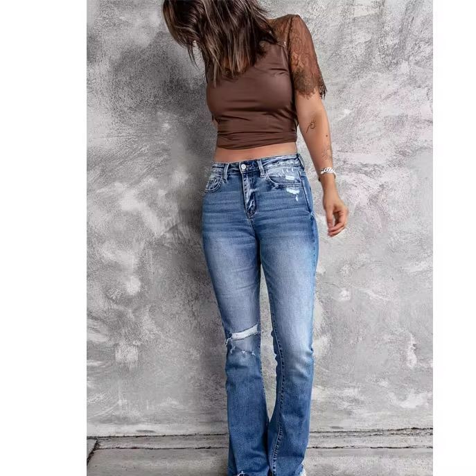 Light Blue Soft Mid-Rise Bootcut Jeans For Women