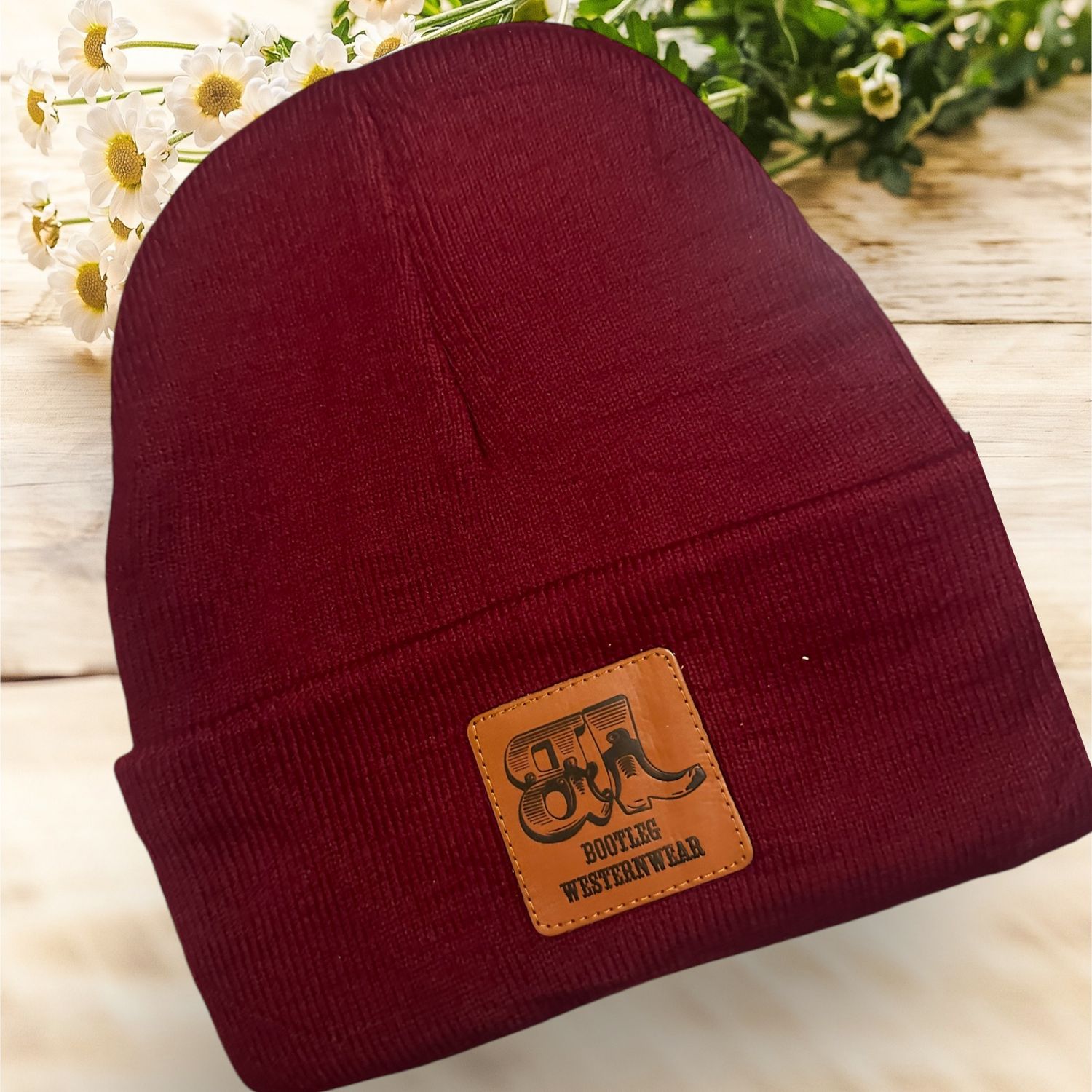 Custom Red Beanie Leather Patch Hat