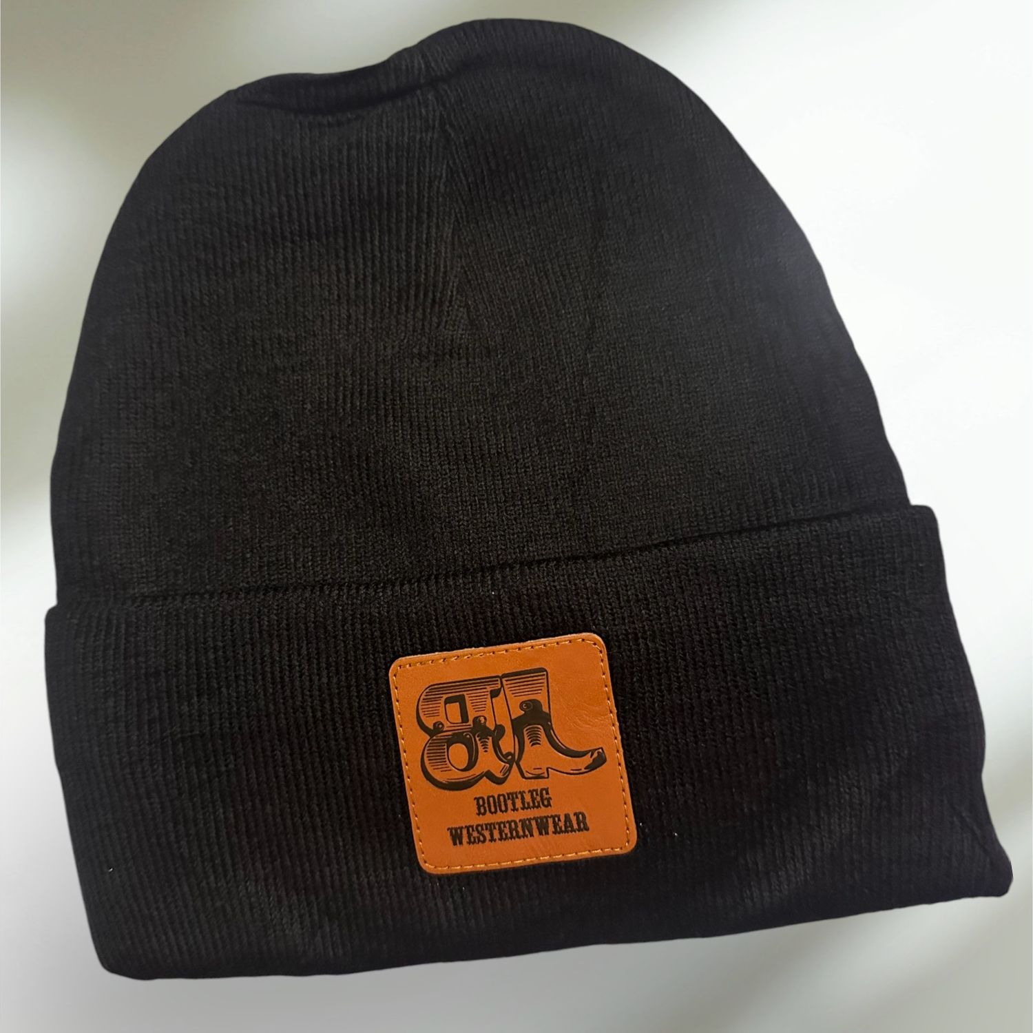 Custom Black Beanie Leather Patch Hat