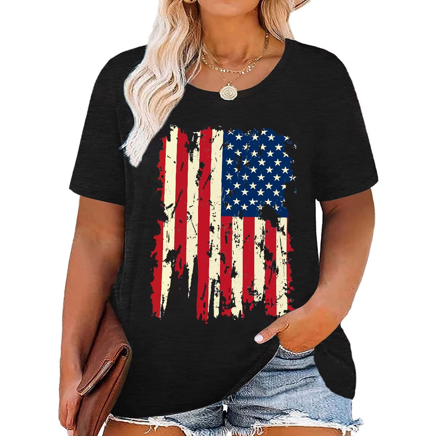 Women&#39;s O-Neck  American Flag Print T Shirt Women&#39;s  Short Sleeve