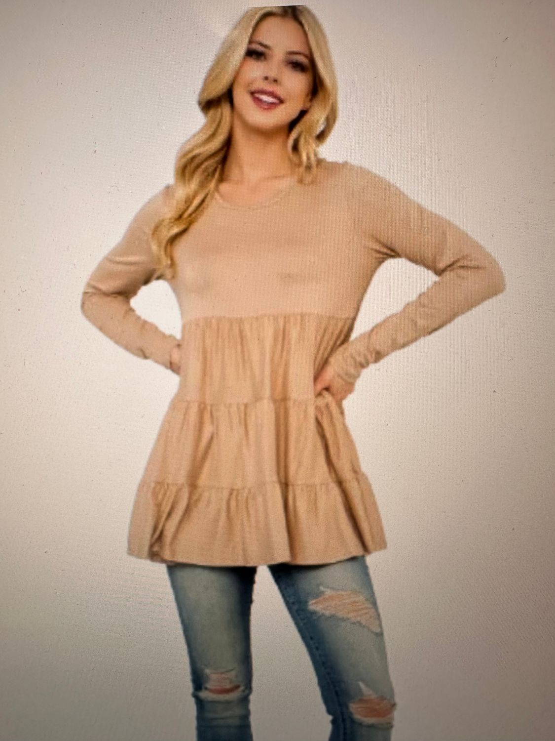 Solid Long Sleeve Tiered Top Taupe