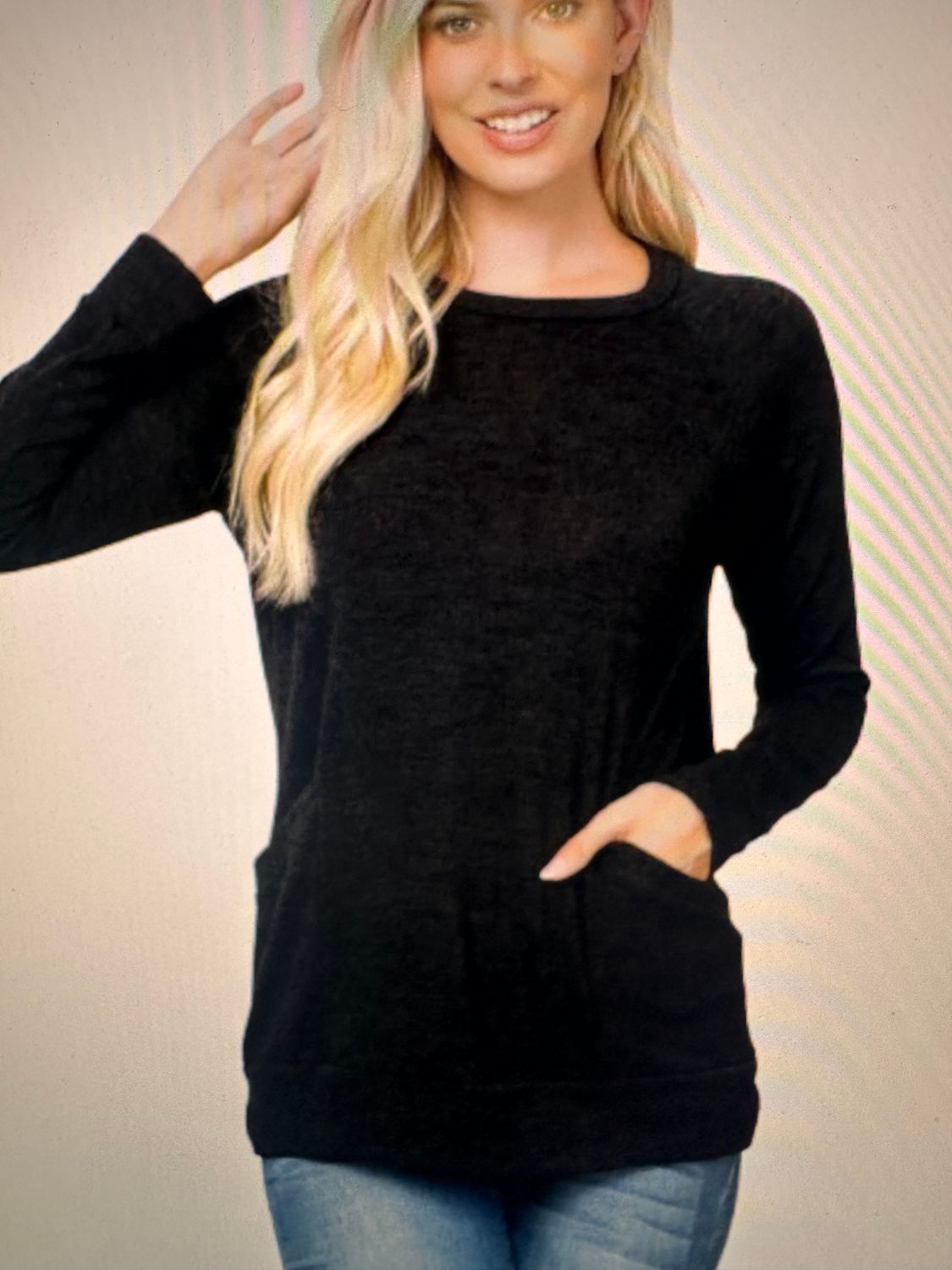 Black Knit Front Pocket Long Sleeve Top