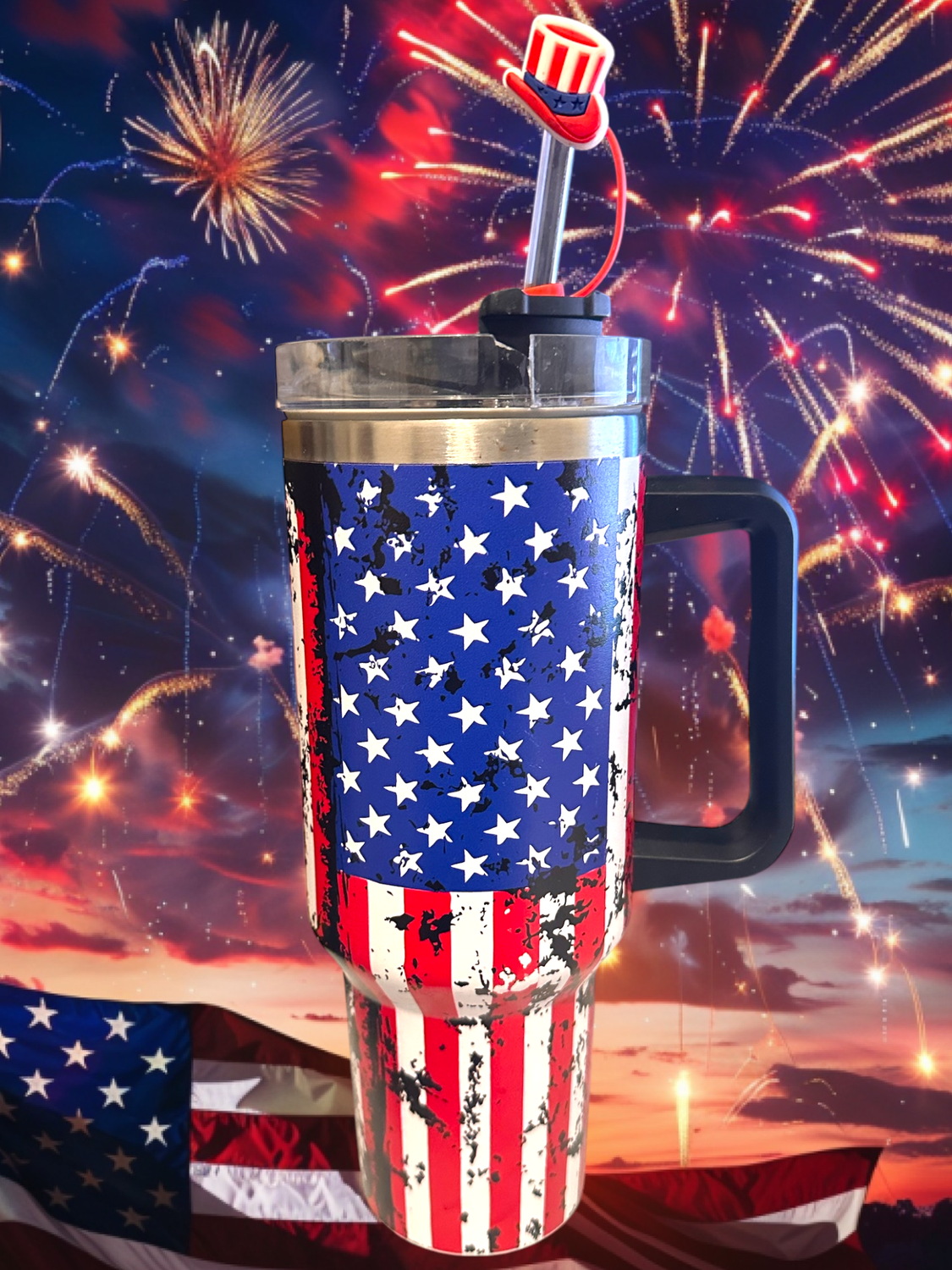 40 OZ  Stainless Steel American Flag Tumbler With Lid, Straw And Straw Hat Cover