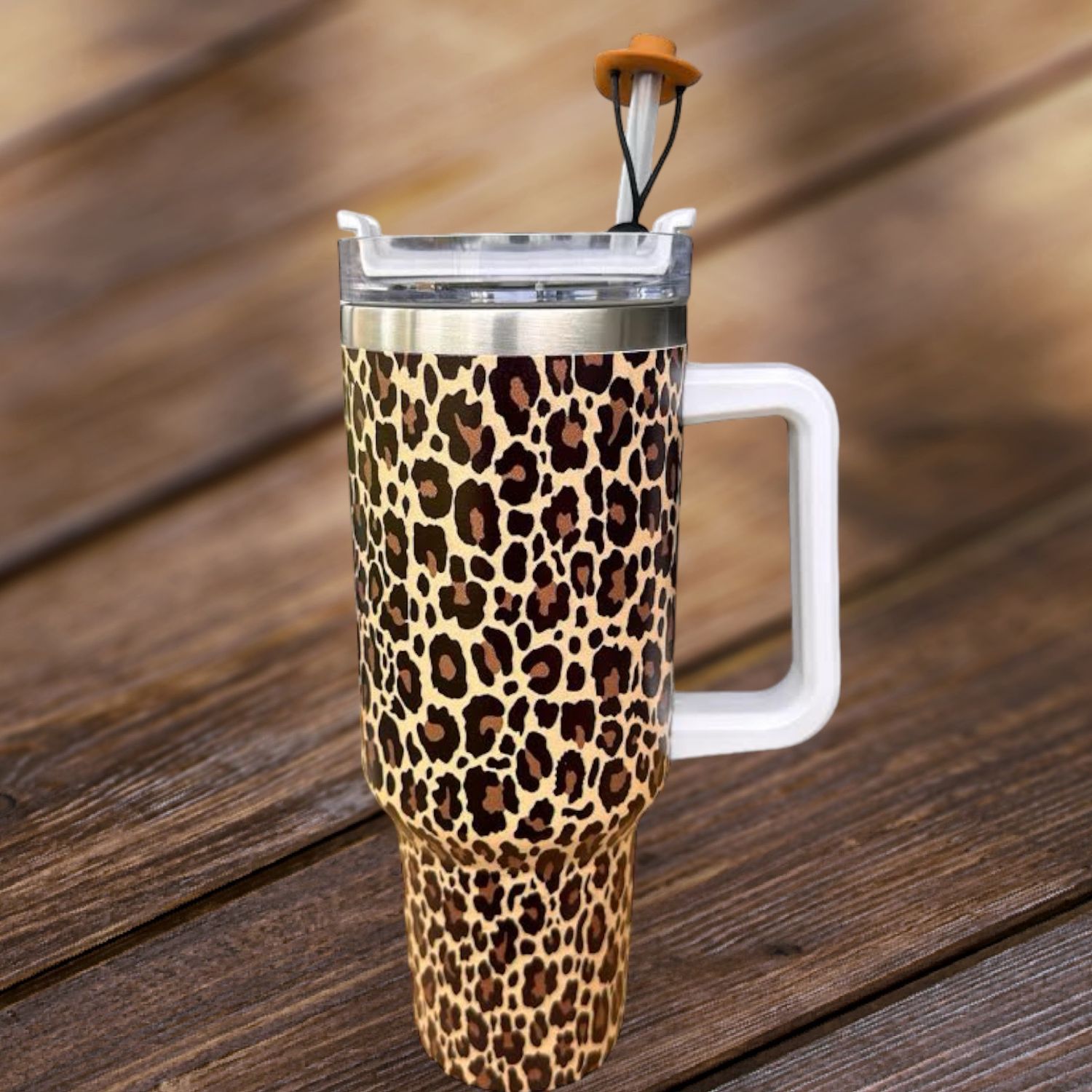 40 Oz Stainless Steel Tumbler Cheetah Print With Lid, Straw and Hat Straw Cover