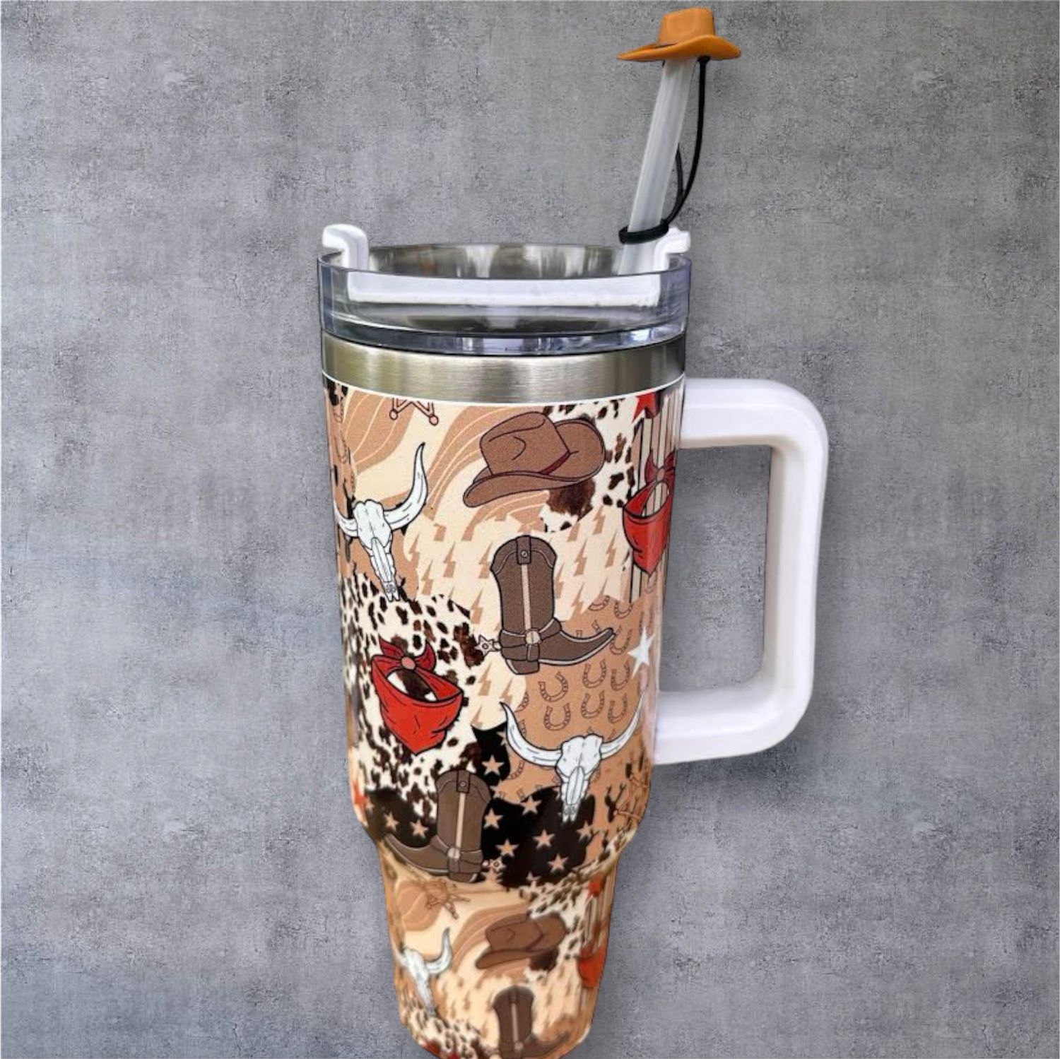 40 OZ  Western Stainless Steel Tumbler With Lid, Straw And Straw Hat Cover