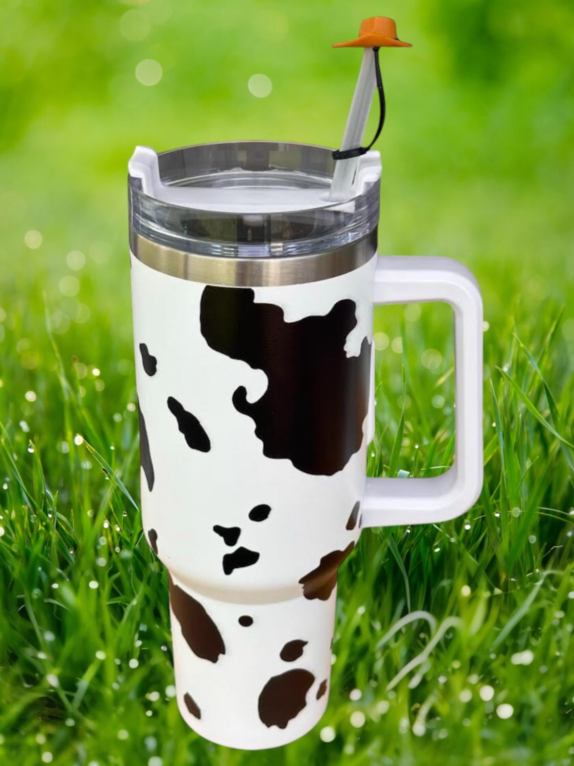 40  oz Stainless Steel Tumbler Black And White Cow Print With Lid,Straw and Straw Hat Cover