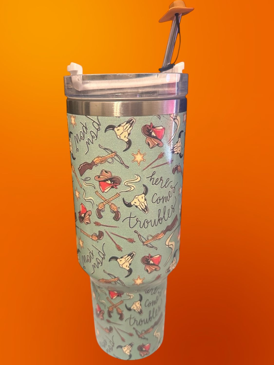 40 oz Western Stainless Steel Tumbler With Lid, Straw And Straw Hat Cover