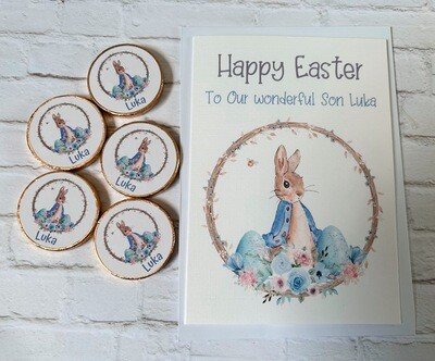 Personalised Peter Rabbit Easter Card and Chocolate Easter coins set