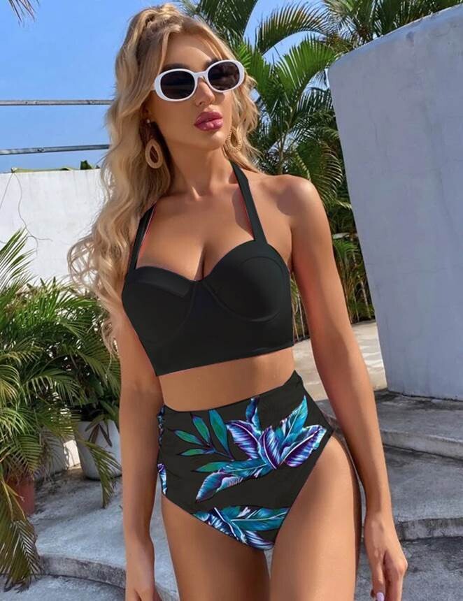 Leaf Print Tropical Style Push Up Halter Bikini Swimsuit
