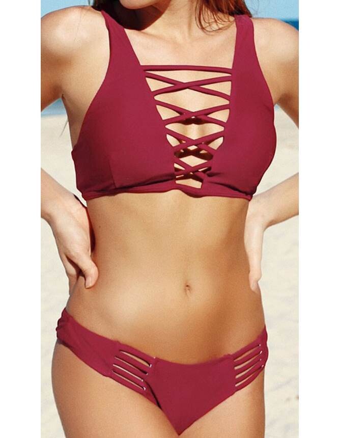 Ladies Dark Red Padded Gather Sexy Bikini Set