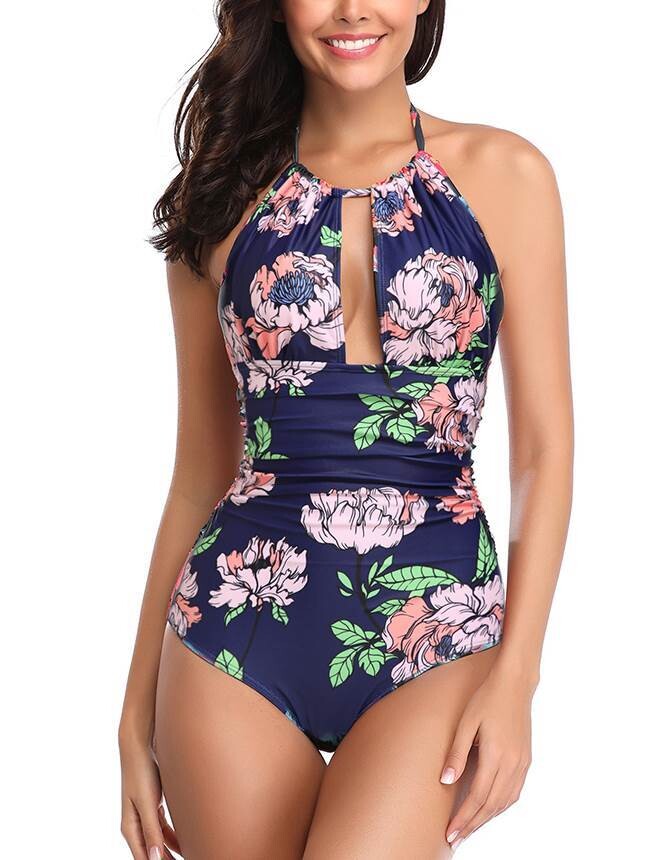 Printing Women Backless V Neck One Piece Navy Swimsuits