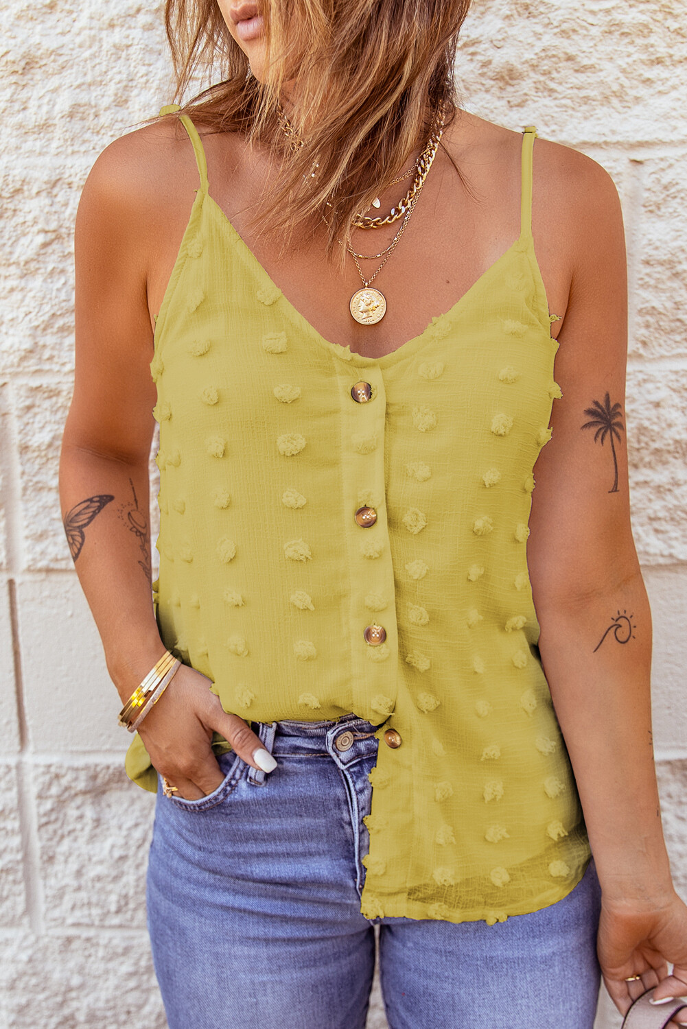 Yellow Button Front Swiss Dot Tank