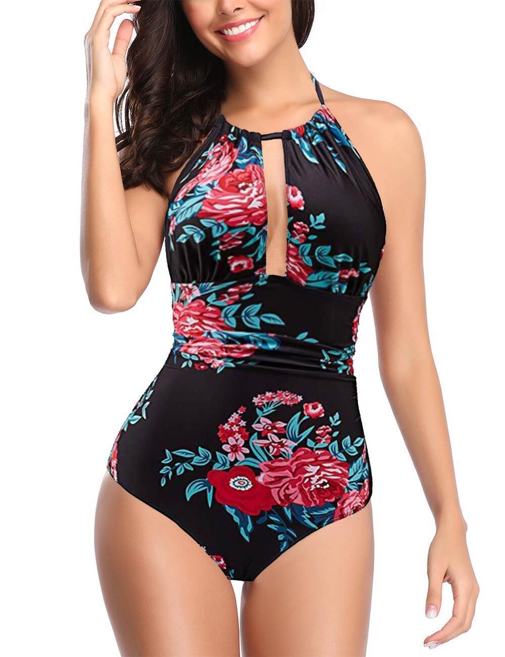 Floral Print Halter Tie Up Bikini Straps Backless Swimsuit