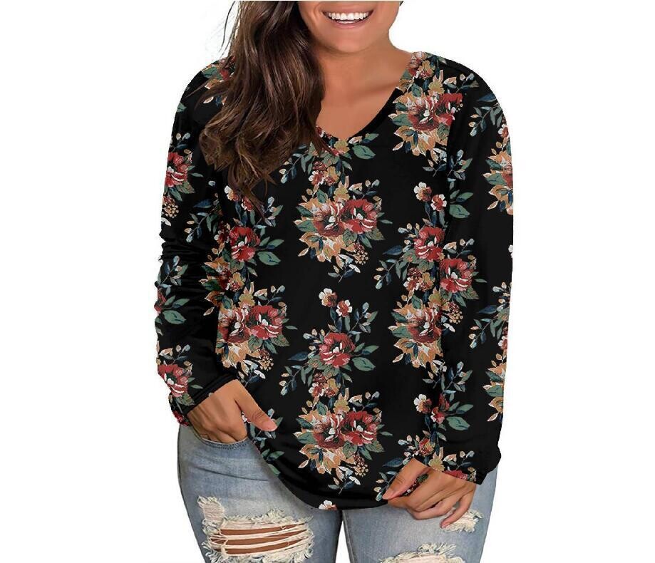 Women Plus Size  V Neck Long Sleeve Retro Printing Vintage Blouse