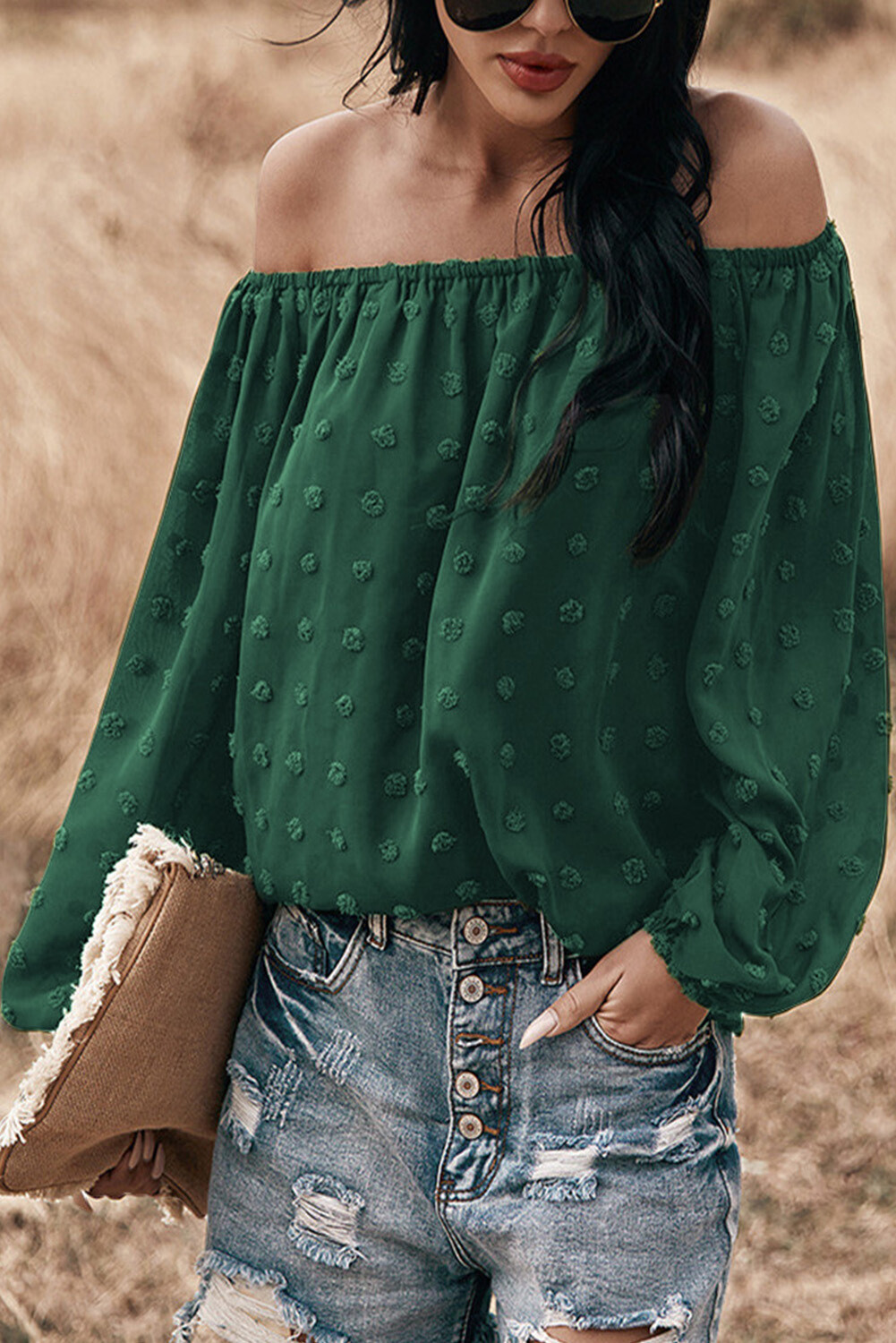 Green Off Shoulder Swiss Dot Blouse