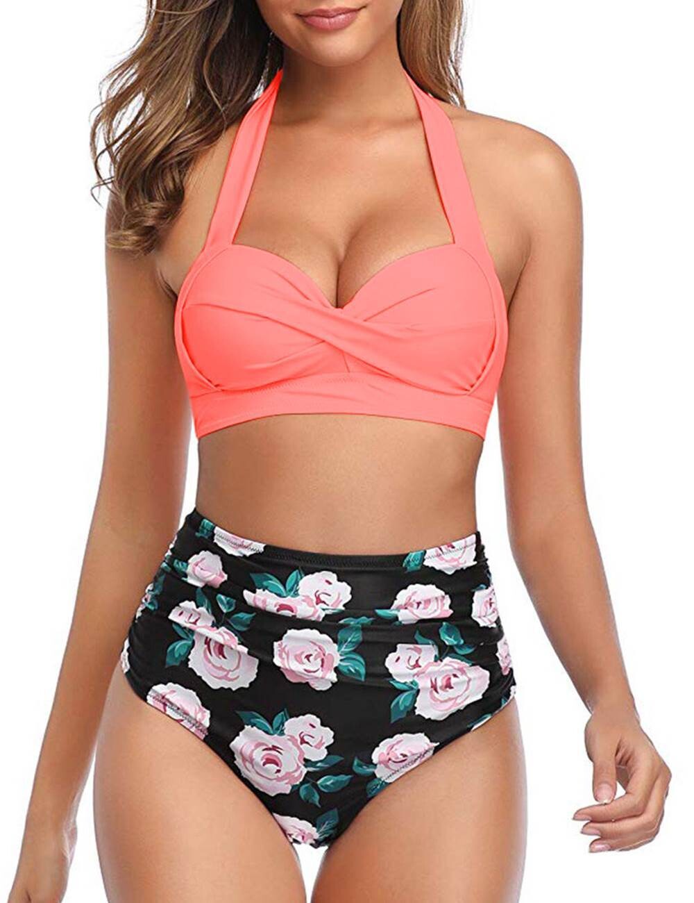 Women Vintage Swimsuit Two Piece Retro Halter Ruched High Waist Print Bikini Set