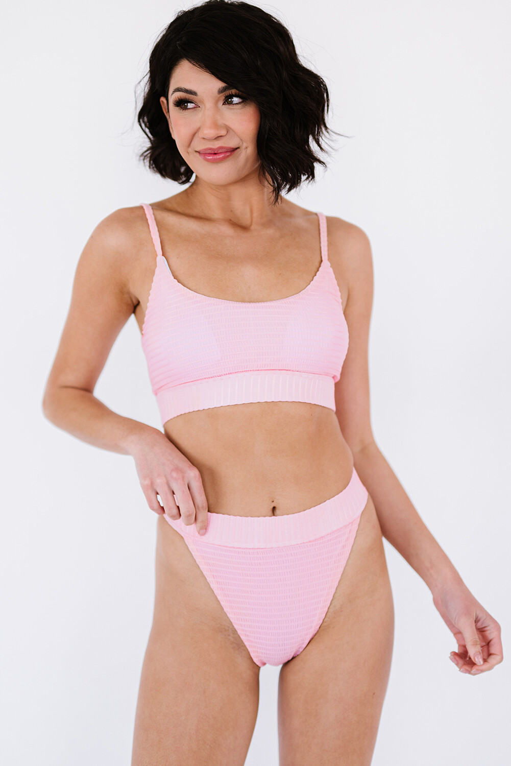 Pink Two-piece Knit Textured Crop Bikini Set