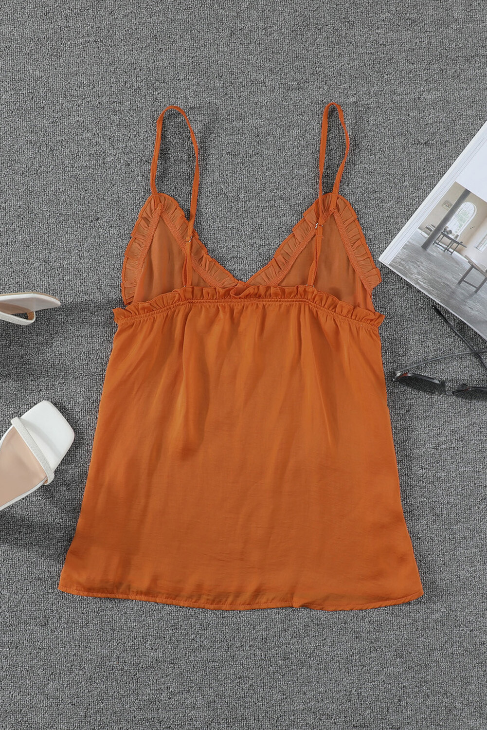 Orange V-Neck Ruffle Adjustable Spaghetti Strap Tank Top