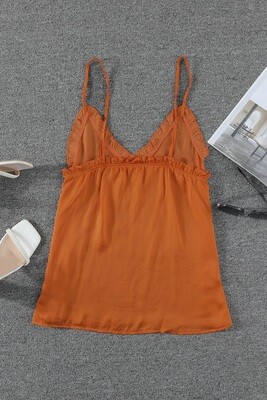 Orange V-Neck Ruffle Adjustable Spaghetti Strap Tank Top