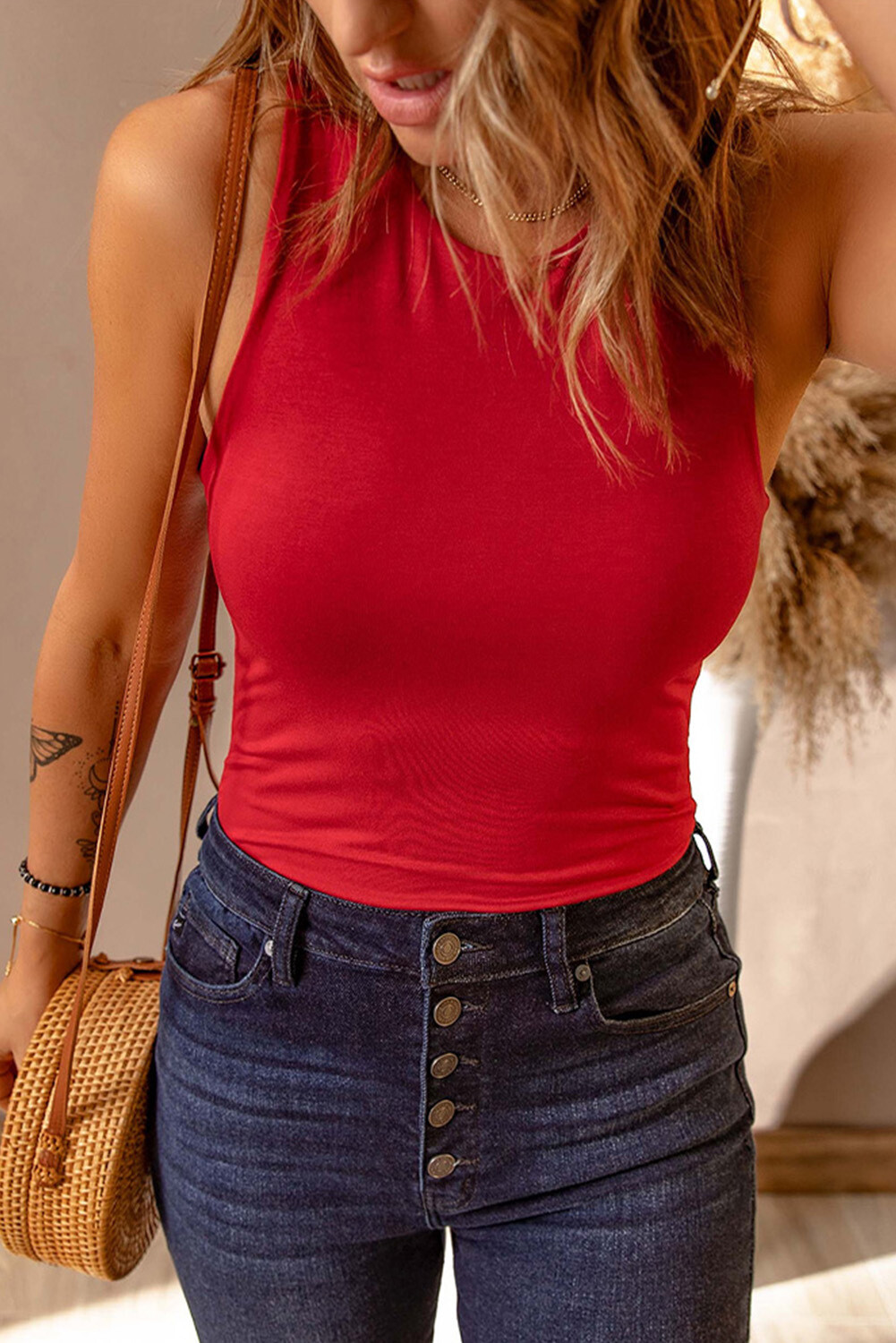 Red Solid O Neck Sleeveless Bodysuit