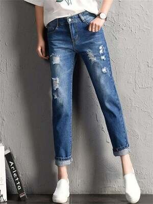 New Women Fashion Mid Waist Boyfriend Big Ripped Hole Jeans