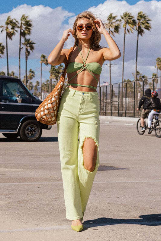 DISTRESSED WIDE CUT STRAIGHT LEG JEANS, size: 11, color: LIME
