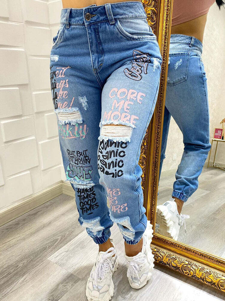 Letter Print Slant Pocket Ripped Jeans Women Casual Denim Pants, Size: XL, Color: Blue
