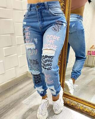 Letter Print Slant Pocket Ripped Jeans Women Casual Denim Pants