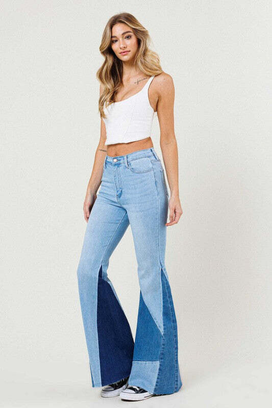 COLOR BLOCK SIDE SLIT FLARE JEANS, size: 3, color: Light Stone