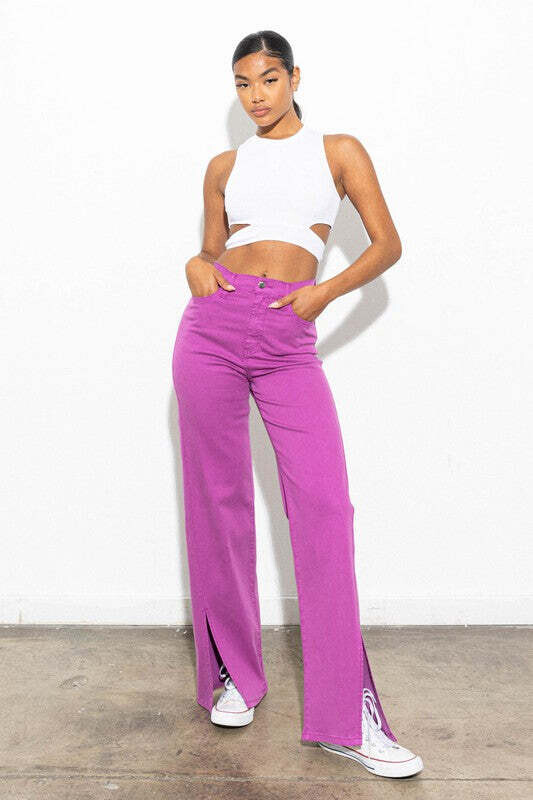 FRONT SLIT WIDE LEG TENCEL PANTS, size: 7, color: Purple