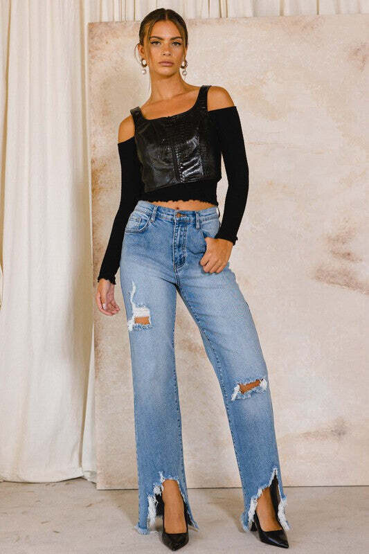 HIGH RISE DISTRESSED WIDE JEANS, size: 11, color: Medium Stone