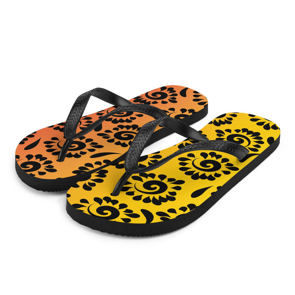 Orange Red Black Patterned Flip-Flops, Size: S